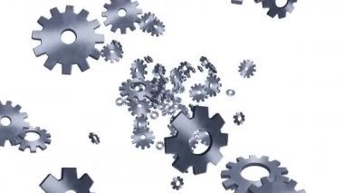 Metal dişliler beyaz arka planda havada yüzüyor. Bilgisayarın yapılandırma ayarları. Gümüş tekerlek. İş konsepti. Döngü canlandırması.