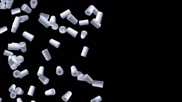 黒を背景に空中に浮かぶ缶が多い ラベル飲料缶なし 食べ物と飲み物の概念 3Dループアニメーション — ストック動画