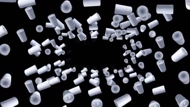 黒を背景に空中に浮かぶ缶が多い ラベル飲料缶なし 食べ物と飲み物の概念 3Dループアニメーション — ストック動画