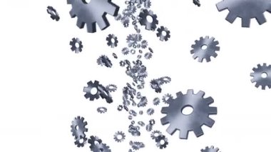 Metal dişliler beyaz arka planda havada yüzüyor. Bilgisayarın yapılandırma ayarları. Gümüş tekerlek. İş konsepti. Döngü canlandırması.