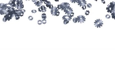 Metal dişliler beyaz arka planda havada yüzüyor. Bilgisayarın yapılandırma ayarları. Gümüş tekerlek. İş konsepti. Döngü canlandırması.