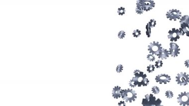 Metal dişliler beyaz arka planda havada yüzüyor. Bilgisayarın yapılandırma ayarları. Gümüş tekerlek. İş konsepti. Döngü canlandırması.