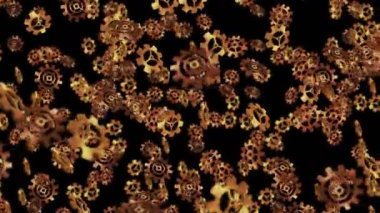 Siyah arka planda havada yüzen altın metal dişliler. Bilgisayarın yapılandırma ayarları. Altın tekerlek. İş konsepti. Döngü canlandırması.