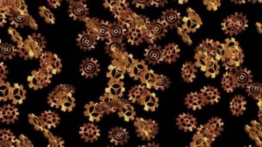 Siyah arka planda havada yüzen altın metal dişliler. Bilgisayarın yapılandırma ayarları. Altın tekerlek. İş konsepti. Döngü canlandırması.