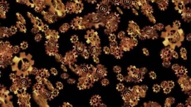 Siyah arka planda havada yüzen altın metal dişliler. Bilgisayarın yapılandırma ayarları. Altın tekerlek. İş konsepti. Döngü canlandırması.