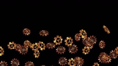 Siyah arka planda havada yüzen altın metal dişliler. Bilgisayarın yapılandırma ayarları. Altın tekerlek. İş konsepti. Döngü canlandırması.