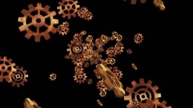 Siyah arka planda havada yüzen altın metal dişliler. Bilgisayarın yapılandırma ayarları. Altın tekerlek. İş konsepti. Döngü canlandırması.