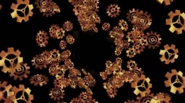 Siyah arka planda havada yüzen altın metal dişliler. Bilgisayarın yapılandırma ayarları. Altın tekerlek. İş konsepti. Döngü canlandırması.