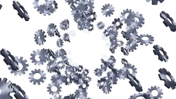 白い背景に空気中に浮かぶ金属製の歯車 コンピュータの設定 シルバーホイール ビジネスコンセプト ループアニメーション — ストック動画