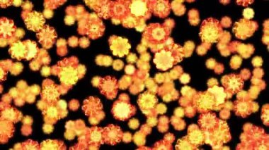 Ateş çiçeği siyah arka planda havada yüzüyor. Soyut bir çiçeğin şekli. Parlak ve parlak bir ateş. Döngü canlandırması.