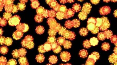 Ateş çiçeği siyah arka planda havada yüzüyor. Soyut bir çiçeğin şekli. Parlak ve parlak bir ateş. Döngü canlandırması.