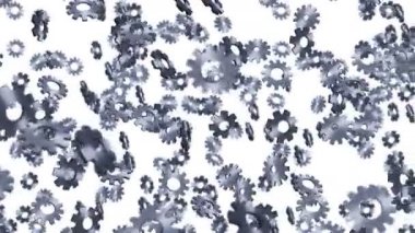 Metal dişliler beyaz arka planda havada yüzüyor. Bilgisayarın yapılandırma ayarları. Gümüş tekerlek. İş konsepti. Döngü canlandırması.