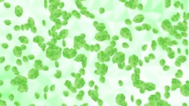 Beyaz arka planda havada yüzen birçok yeşil yaprak. Düşük çokgen bitki. Dijital teknolojinin sembolü. Soyut döngü canlandırması.