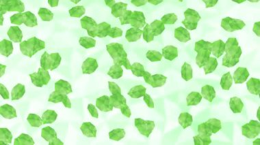 Beyaz arka planda havada yüzen birçok yeşil yaprak. Düşük çokgen bitki. Dijital teknolojinin sembolü. Soyut döngü canlandırması.