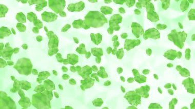 Beyaz arka planda havada yüzen birçok yeşil yaprak. Düşük çokgen bitki. Dijital teknolojinin sembolü. Soyut döngü canlandırması.