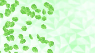 Beyaz arka planda havada yüzen birçok yeşil yaprak. Düşük çokgen bitki. Dijital teknolojinin sembolü. Soyut döngü canlandırması.