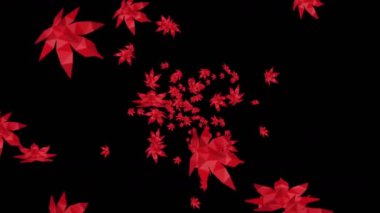 Birçok kırmızı sonbahar yaprakları siyah arka planda havada yüzüyor. Düşük çokgen bitki. Dijital teknolojinin sembolü. Soyut döngü canlandırması.