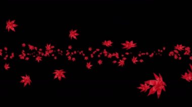 Birçok kırmızı sonbahar yaprakları siyah arka planda havada yüzüyor. Düşük çokgen bitki. Dijital teknolojinin sembolü. Soyut döngü canlandırması.