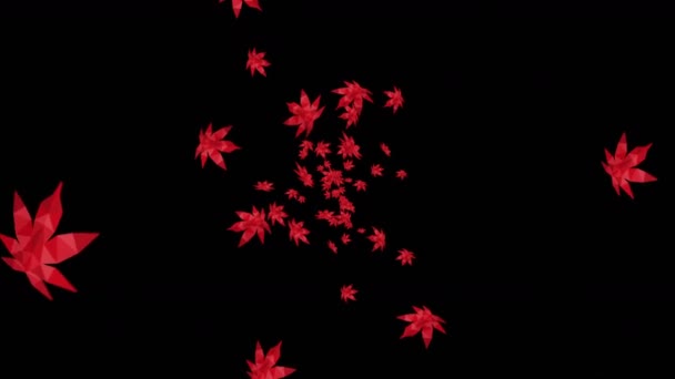 黒を背景に多くの紅葉が空中に浮かんでいます 低多角形の植物 デジタル技術の象徴 アブストラクトループアニメーション — ストック動画