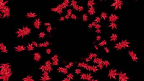 Many Red Autumn Leaves Floating Air Black Background Low Polygonal — Stock Video