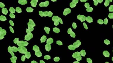 Siyah arka planda havada yüzen birçok yeşil yaprak var. Düşük çokgen bitki. Dijital teknolojinin sembolü. Soyut döngü canlandırması.