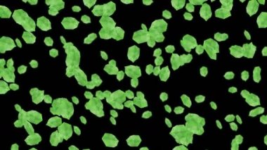 Siyah arka planda havada yüzen birçok yeşil yaprak var. Düşük çokgen bitki. Dijital teknolojinin sembolü. Soyut döngü canlandırması.