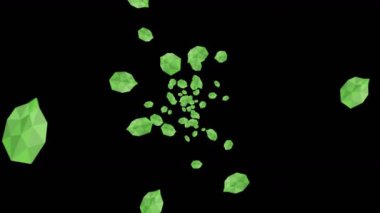 Siyah arka planda havada yüzen birçok yeşil yaprak var. Düşük çokgen bitki. Dijital teknolojinin sembolü. Soyut döngü canlandırması.