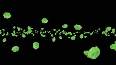 Siyah arka planda havada yüzen birçok yeşil yaprak var. Düşük çokgen bitki. Dijital teknolojinin sembolü. Soyut döngü canlandırması.