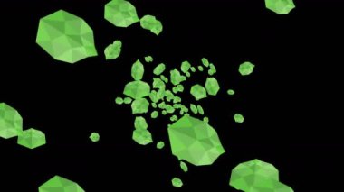 Siyah arka planda havada yüzen birçok yeşil yaprak var. Düşük çokgen bitki. Dijital teknolojinin sembolü. Soyut döngü canlandırması.
