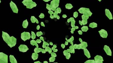 Siyah arka planda havada yüzen birçok yeşil yaprak var. Düşük çokgen bitki. Dijital teknolojinin sembolü. Soyut döngü canlandırması.