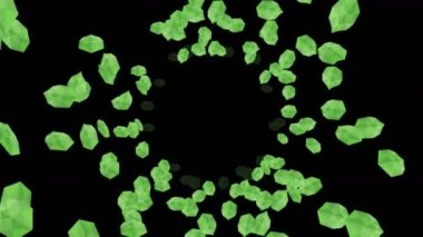 Siyah arka planda havada yüzen birçok yeşil yaprak var. Düşük çokgen bitki. Dijital teknolojinin sembolü. Soyut döngü canlandırması.