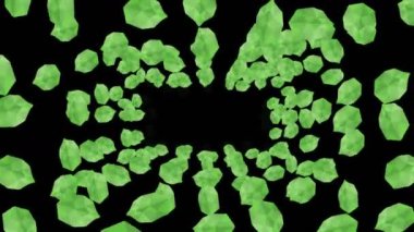 Siyah arka planda havada yüzen birçok yeşil yaprak var. Düşük çokgen bitki. Dijital teknolojinin sembolü. Soyut döngü canlandırması.