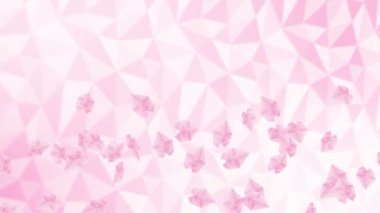 Beyaz arka planda havada süzülen bir sürü kiraz çiçeği yaprağı. Düşük çokgen bitki. Dijital teknolojinin sembolü. Soyut döngü canlandırması.