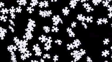 Birçok beyaz yapboz parçası siyah arka planda havada yüzüyor. İş başarısı ve çözüm konsepti. 3B döngü canlandırması.