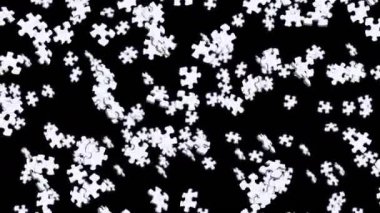 Birçok beyaz yapboz parçası siyah arka planda havada yüzüyor. İş başarısı ve çözüm konsepti. 3B döngü canlandırması.