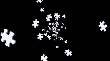 Birçok beyaz yapboz parçası siyah arka planda havada yüzüyor. İş başarısı ve çözüm konsepti. 3B döngü canlandırması.