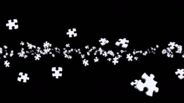 Birçok beyaz yapboz parçası siyah arka planda havada yüzüyor. İş başarısı ve çözüm konsepti. 3B döngü canlandırması.