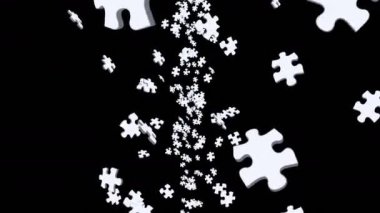 Birçok beyaz yapboz parçası siyah arka planda havada yüzüyor. İş başarısı ve çözüm konsepti. 3B döngü canlandırması.