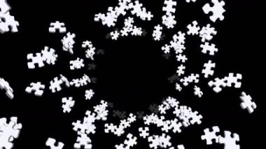 Birçok beyaz yapboz parçası siyah arka planda havada yüzüyor. İş başarısı ve çözüm konsepti. 3B döngü canlandırması.