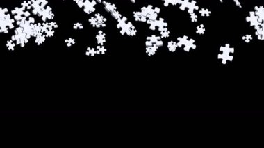 Birçok beyaz yapboz parçası siyah arka planda havada yüzüyor. İş başarısı ve çözüm konsepti. 3B döngü canlandırması.