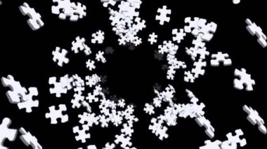 Birçok beyaz yapboz parçası siyah arka planda havada yüzüyor. İş başarısı ve çözüm konsepti. 3B döngü canlandırması.