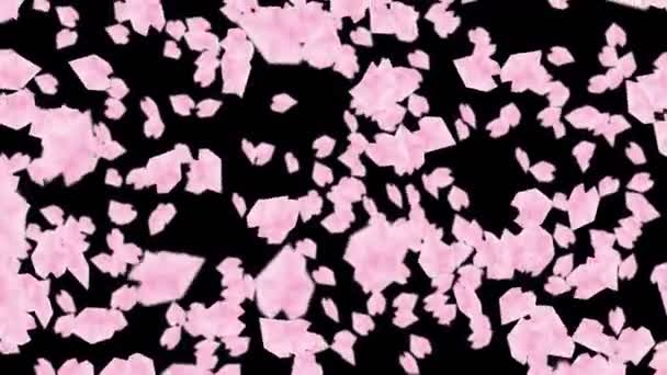 黒を背景に空中に浮かぶ桜の花びらが多い 低多角形の植物 デジタル技術の象徴 アブストラクトループアニメーション — ストック動画