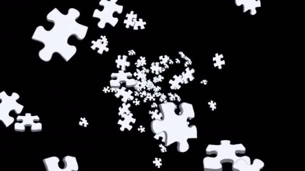 Veel Witte Puzzelstukjes Zweven Lucht Zwarte Achtergrond Zakelijk Succes Oplossing — Stockvideo