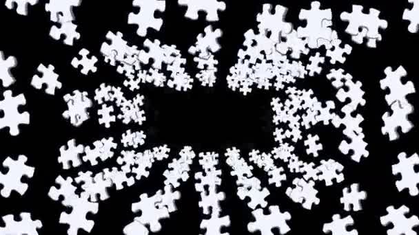 许多白色的拼图在黑色的背景上漂浮在空中 商业成功和解决方案的概念 3D循环动画 — 图库视频影像