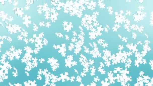 Veel Witte Puzzelstukjes Zweven Lucht Een Blauwe Achtergrond Zakelijk Succes — Stockvideo