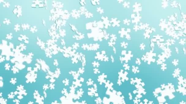 Many White Puzzle Pieces Floating Air Blue Background Business Success — Stockvideo