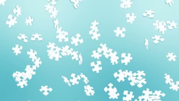 Beaucoup Pièces Puzzle Blanc Flottant Dans Air Sur Fond Bleu — Video
