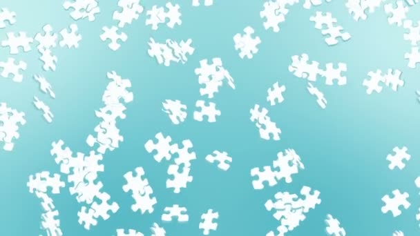 Many White Puzzle Pieces Floating Air Blue Background Business Success — 图库视频影像