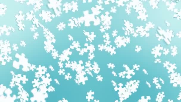 Veel Witte Puzzelstukjes Zweven Lucht Een Blauwe Achtergrond Zakelijk Succes — Stockvideo