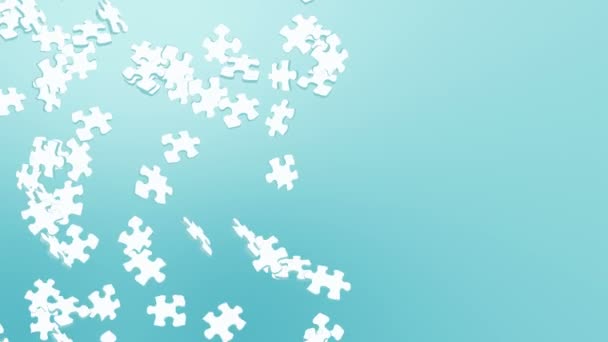 Many White Puzzle Pieces Floating Air Blue Background Business Success — Stockvideo